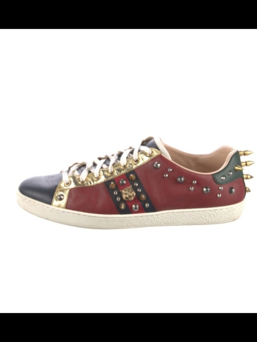 Authentic Gucci Ace Sneaker Red Leather Studded Low-Top Sneaker Gold Studded